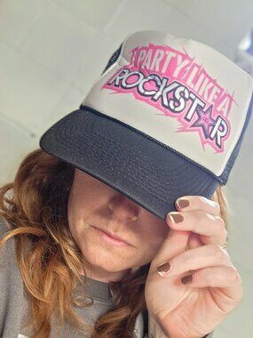 y2k Goth Emo Bikercore McBling Pink, Black Rockstar Energy Drink Trucker Hat